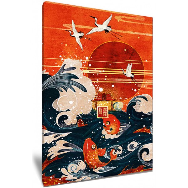 Japanese Koi Red Sunset Flying Cranes